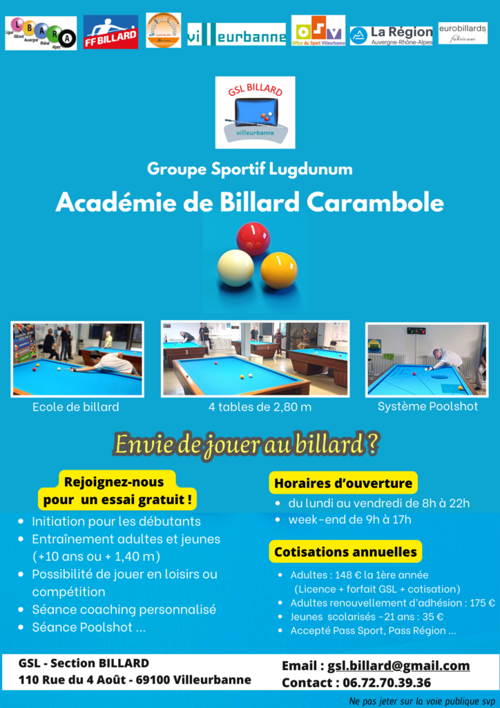 Flyer club gsl billard Villeurbanne billard français carambole